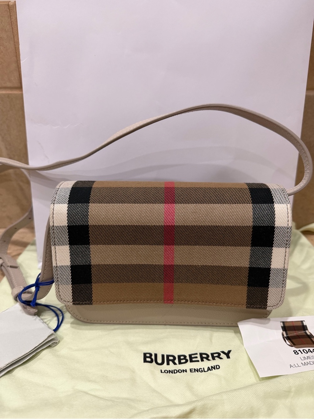 NWT Burberry Tan Beige Check Crossbody Bag with Red Stripe